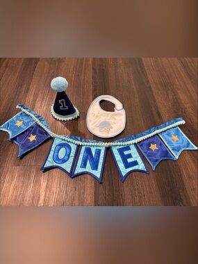 Blue "ONE" First Birthday Banner, Hat & Bib Set